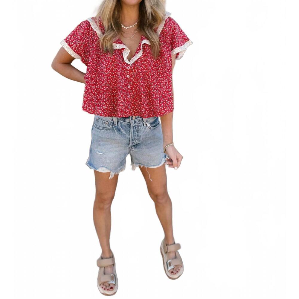 NEW FREE PEOPLE truly yours printed blouse in vintage red combo